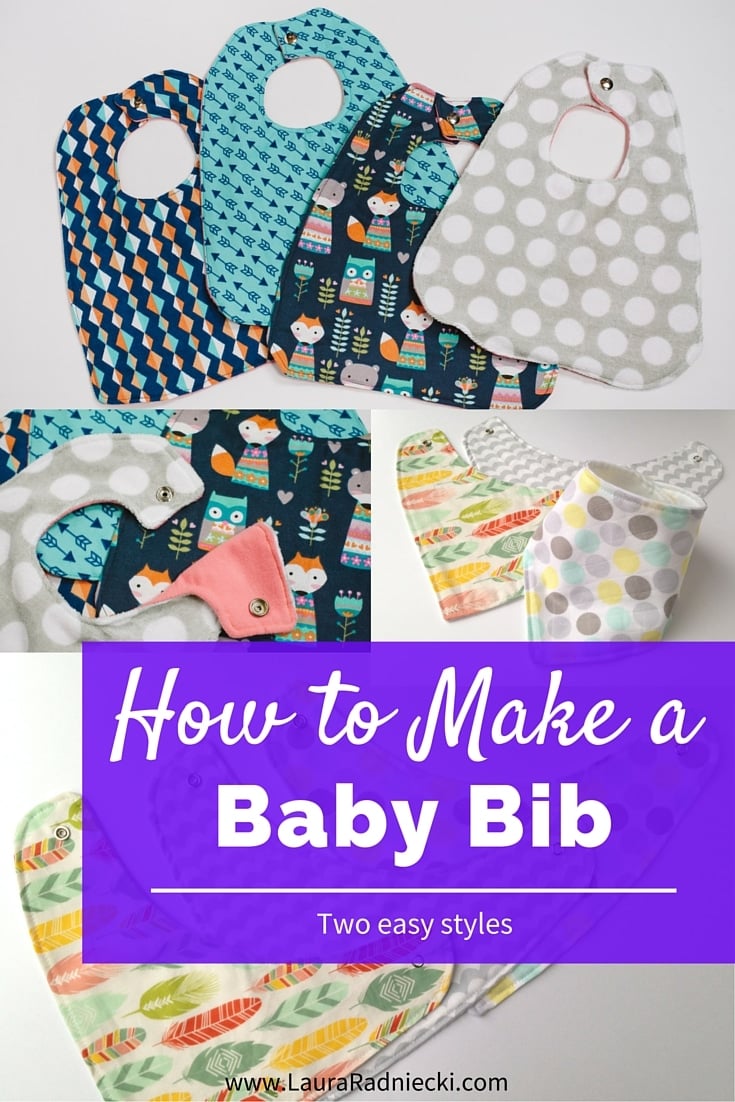 A tutorial showing how to make DIY baby bibs. Included are photos and instructions on how to sew a simple baby food bib and a how to make a bandana drool bib.