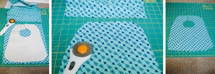 Cutting fabric to make a baby bib.