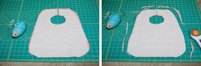 Preparing fabric to make a bib.