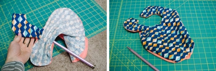 Turning a baby bib right side out after sewing the layers together.
