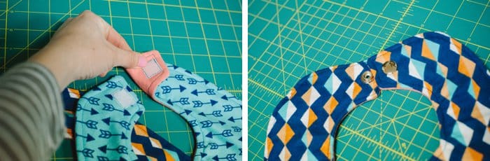 Using velcro and snaps to finish off baby bibs.