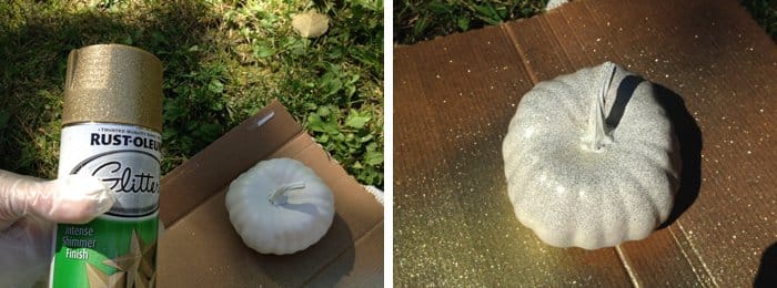 spray paint pumpkins with gold glitter