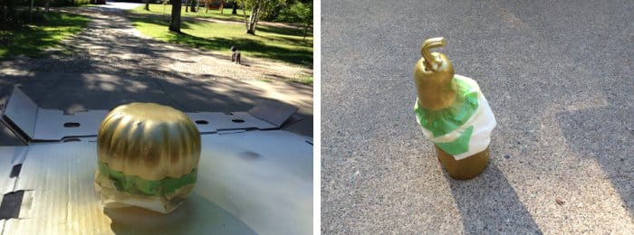 Gold faux gourds after spray painting.
