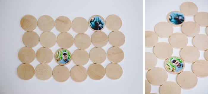 A DIY memory match game made with wooden circle discs and photos attached with Mod Podge.