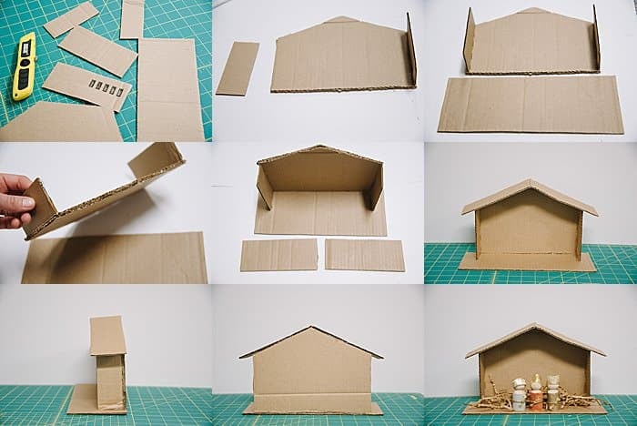 DIY cardboard creche or nativity stable for homemade nativity scene.