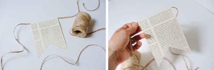 A book page banner with twine hanging string.