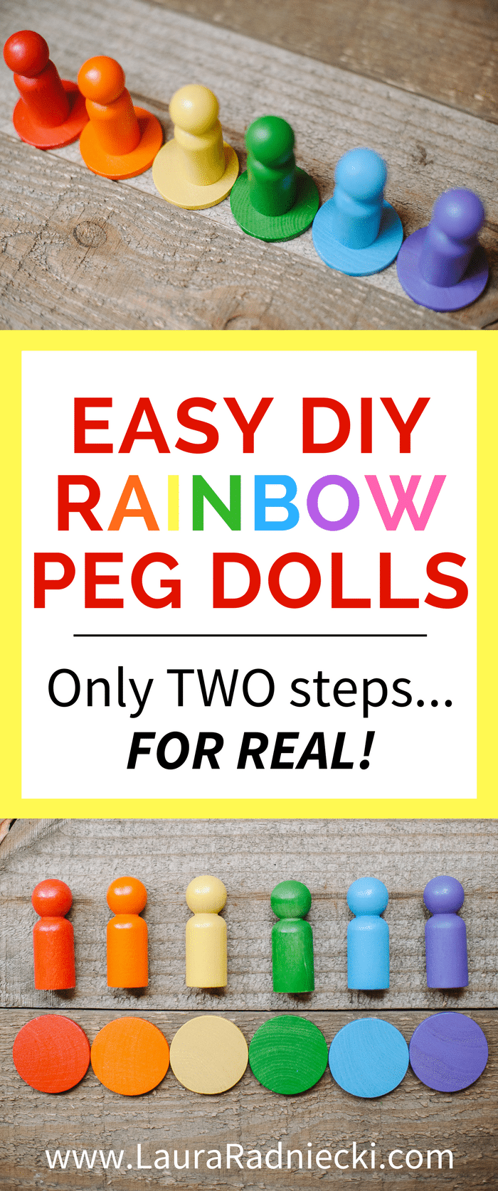 Easy DIY Rainbow Peg Dolls for kids; your kids are gonna love them! Easy to make, there are only TWO STEPS in this tutorial! Teaching color matching to kids with this rainbow wooden pegdoll game, the perfect kids craft for babies, toddlers and young kids! #pegdolls #pegdollcrafts #kidscrafts