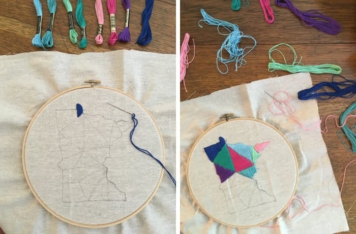 Embroidery in the shape of a state