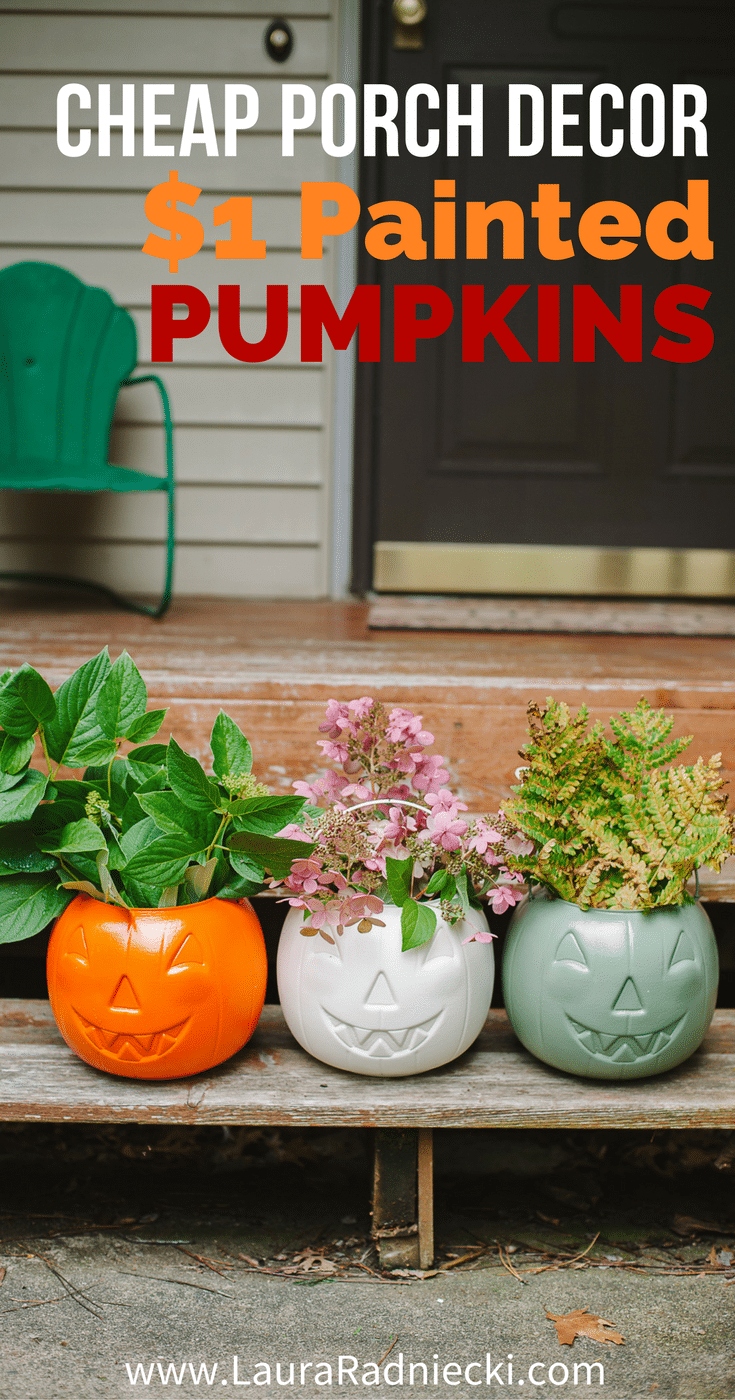 Decorate your front porch on a budget with these painted $1 plastic pumpkins! They are the perfect cheap DIY fall porch decor idea, for both Halloween and Thanksgiving! (The pumpkins are reversible, so they are great for the whole fall season!) Porch decor on a budget, cheap porch decor, easy porch decorations.
