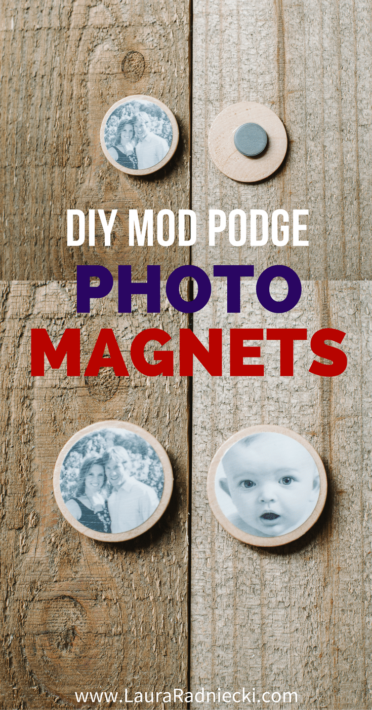 DIY Photo Magnets using photos, Mod Podge and wood circles, with a magnet on the back. Perfect for your own refrigerator or to give as a handmade gift!