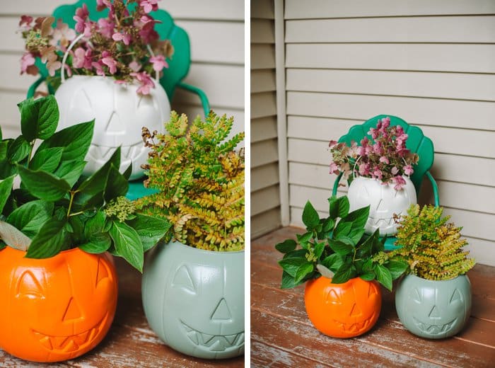 Plant clippings in spray painted plastic pumpkin buckets on a front porch as Halloween decorations.