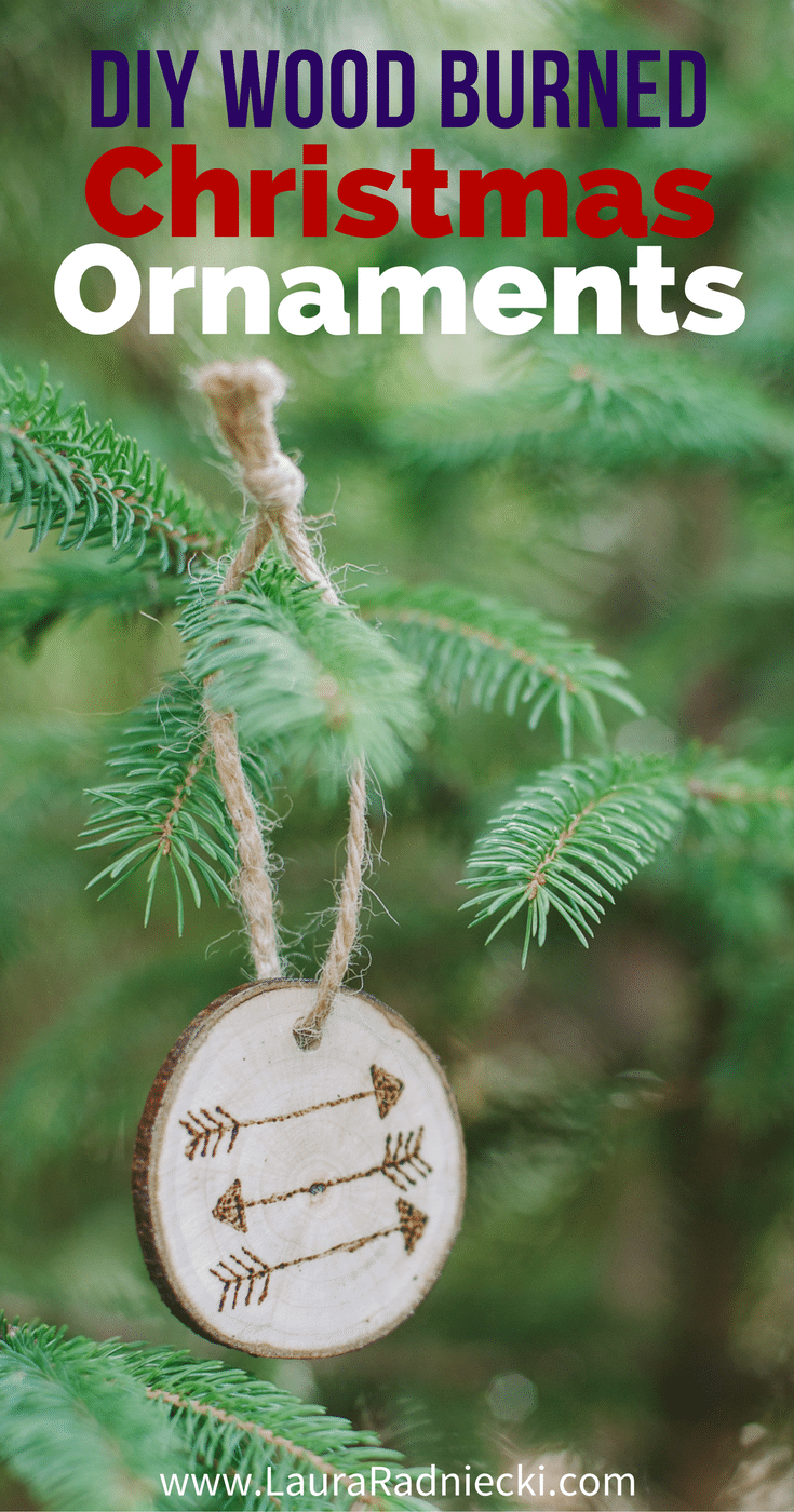 How to make beautiful wood burned Christmas ornaments out of wood slices, using a wood burning tool. DIY Christmas tree ornaments perfect as handmade gifts.