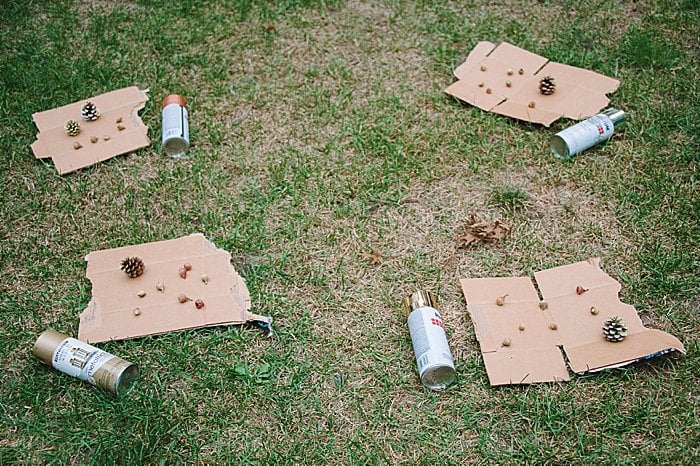 Pinecones on cardboard, ready to be spray painted.