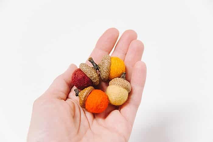 felt acorns made with felt balls and acorn caps