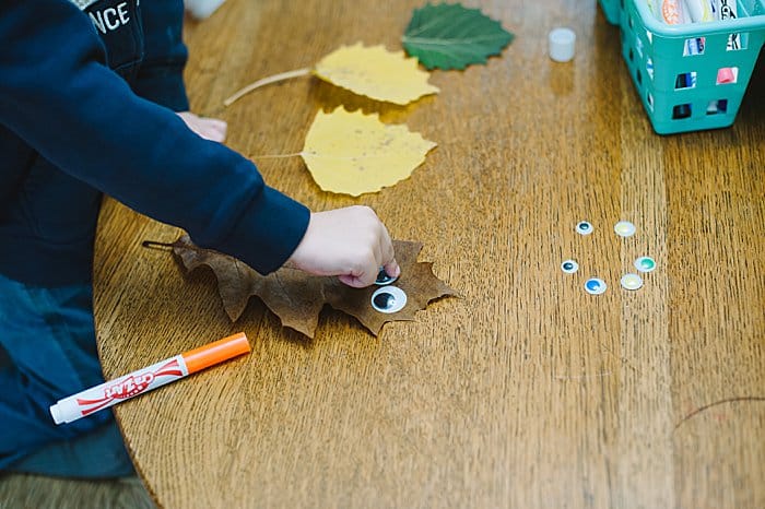 glue googley eyes onto leaves to make diy leaf puppets for kids