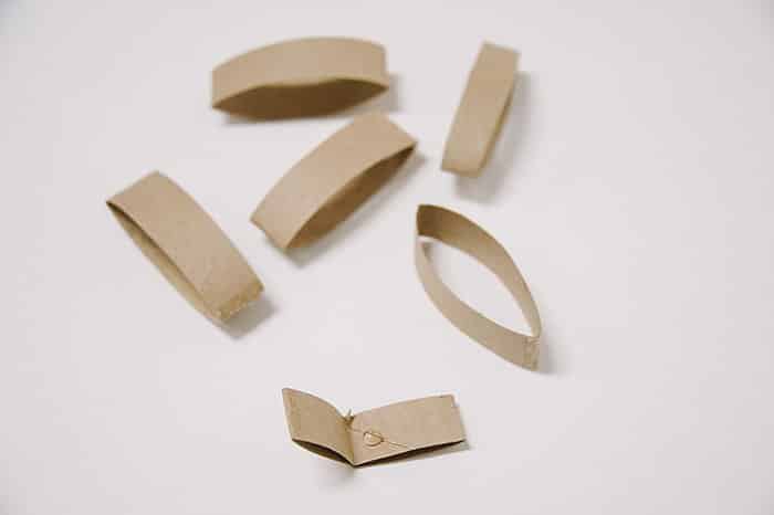 Sections of a cardboard toilet paper roll with hot glue.