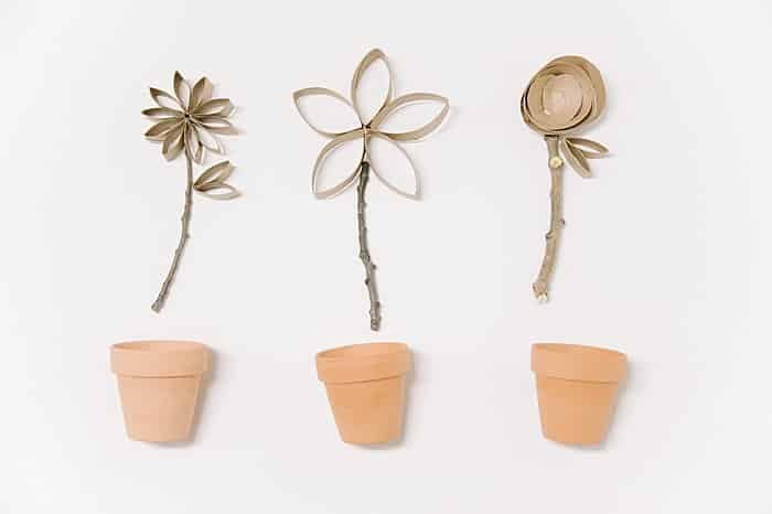 Faux Potted Flowers Made From Recycled Toilet Paper Rolls