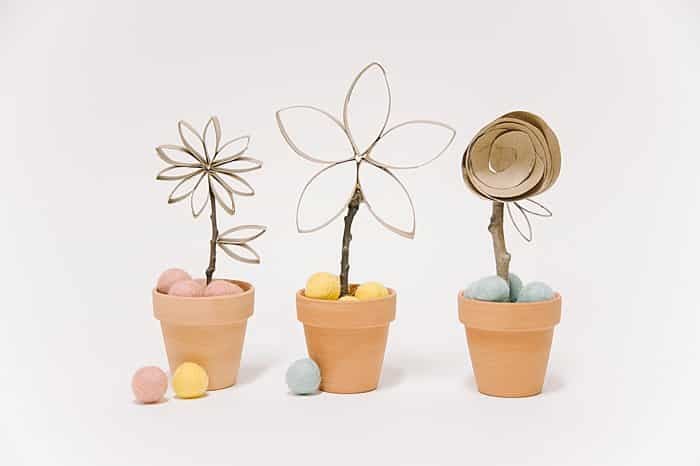 Faux Potted Flowers Made From Recycled Toilet Paper Rolls