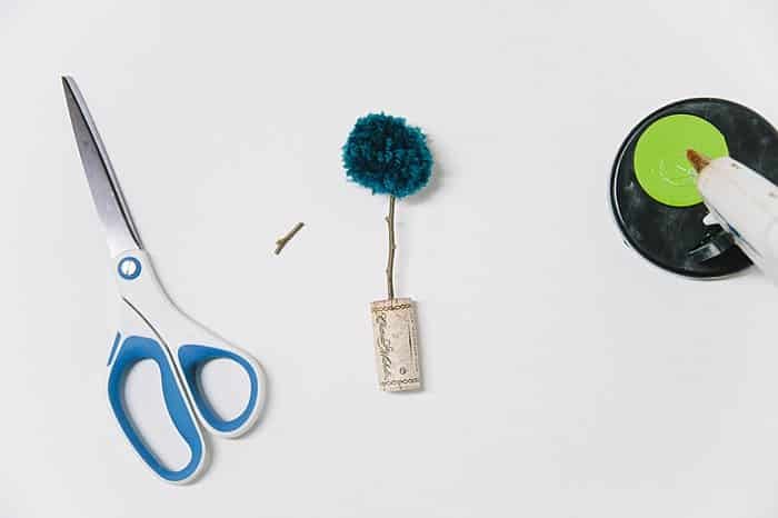 diy cork tree and yarn pom poms