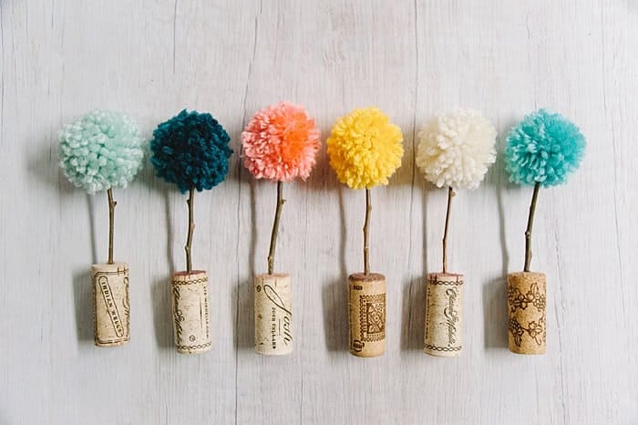 diy pom pom trees with yarn and wine corks