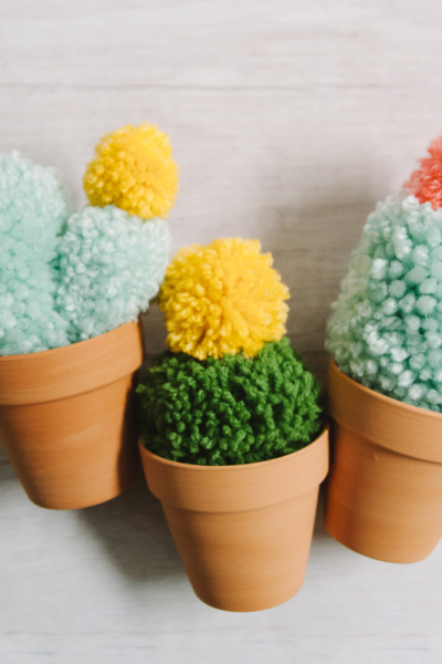 DIY Faux Cactus made with Yarn Pom Poms _ Faux Potted Cacti
