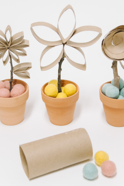 Faux Potted Flowers Made From Recycled Toilet Paper Rolls