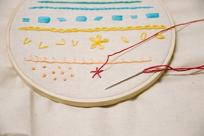 what do you need for embroidery? fabric, an embroidery hoop, needle, embroidery thread, scissors.