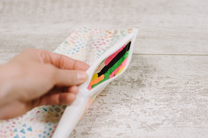 Turn pouch right side out through the open zipper.