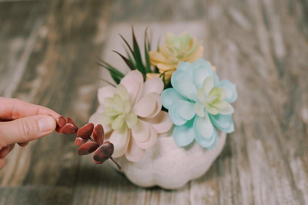 pumpkin filled with faux succulents