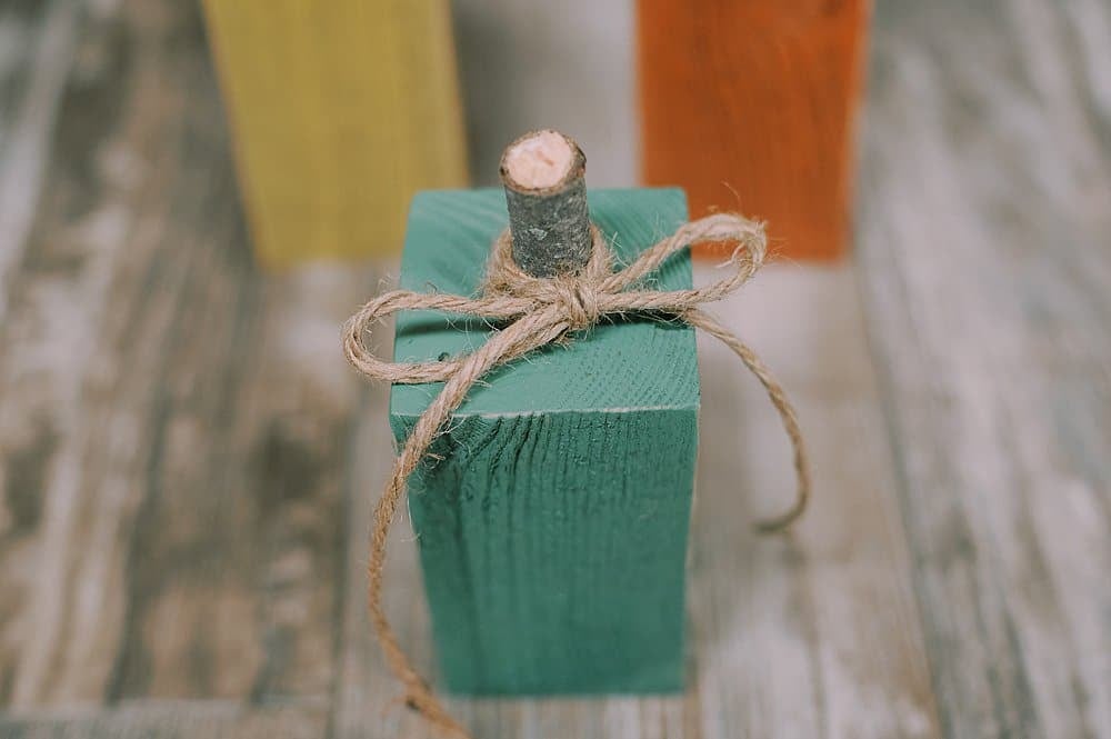 Twine tied into a bow around the wooden stem of a wood pumpkin.