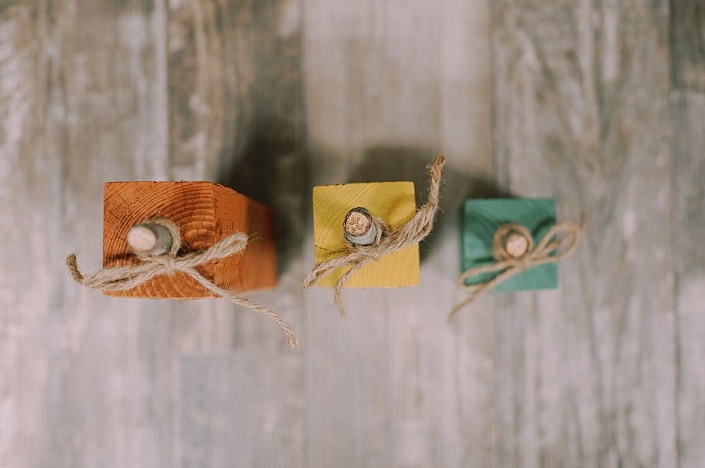 Stems and twine bows around the tops of wooden pumpkins.