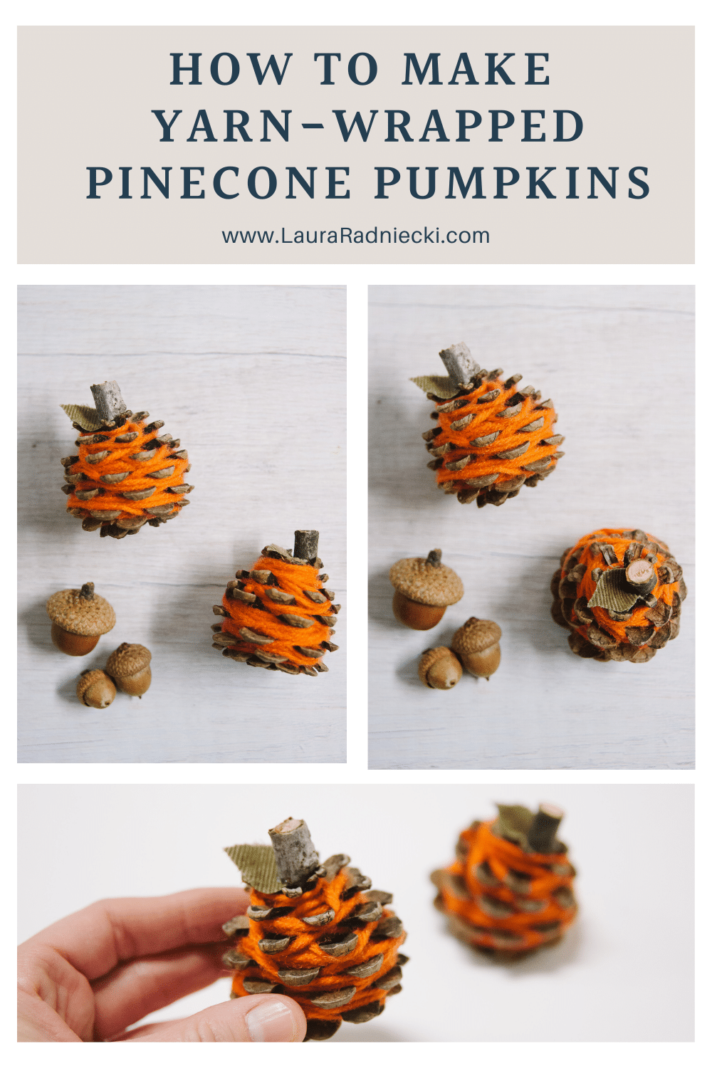 how to make yarn-wrapped pinecone pumpkins for fall decor