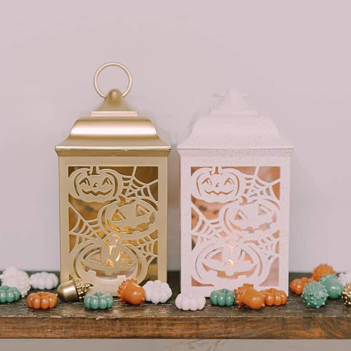 DIY spray painted Halloween lanterns from the Dollar Tree.