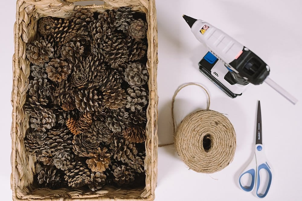 Supplies to make a pinecone garland.