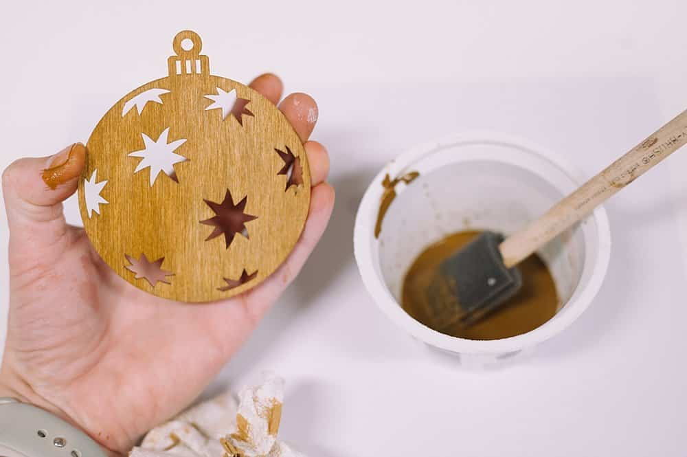 how to stain wood ornaments for christmas with diluted craft paint