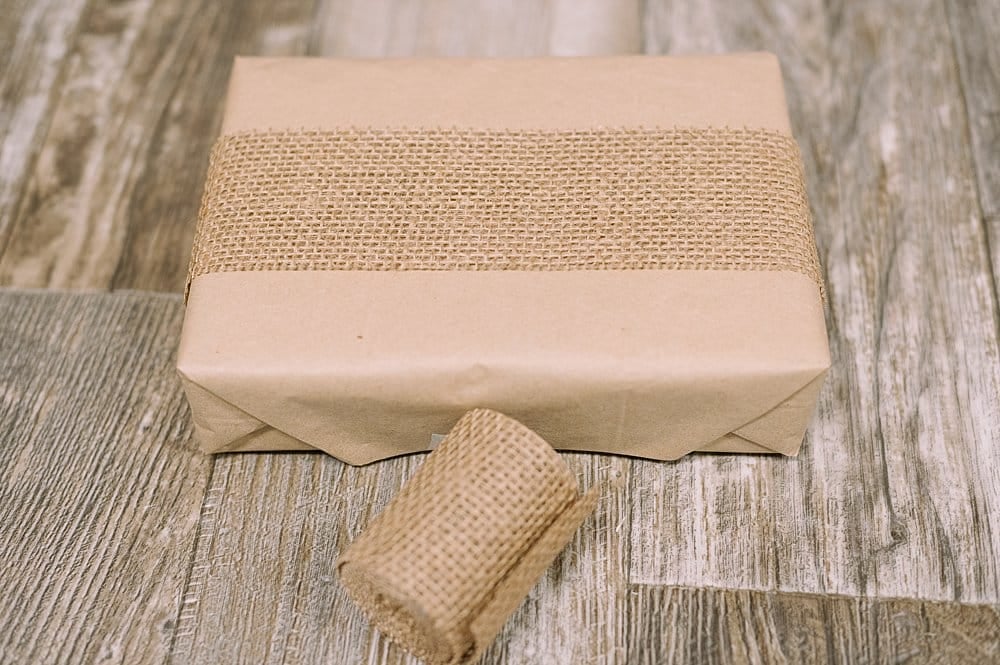 burlap ribbon on kraft paper gift wrapping