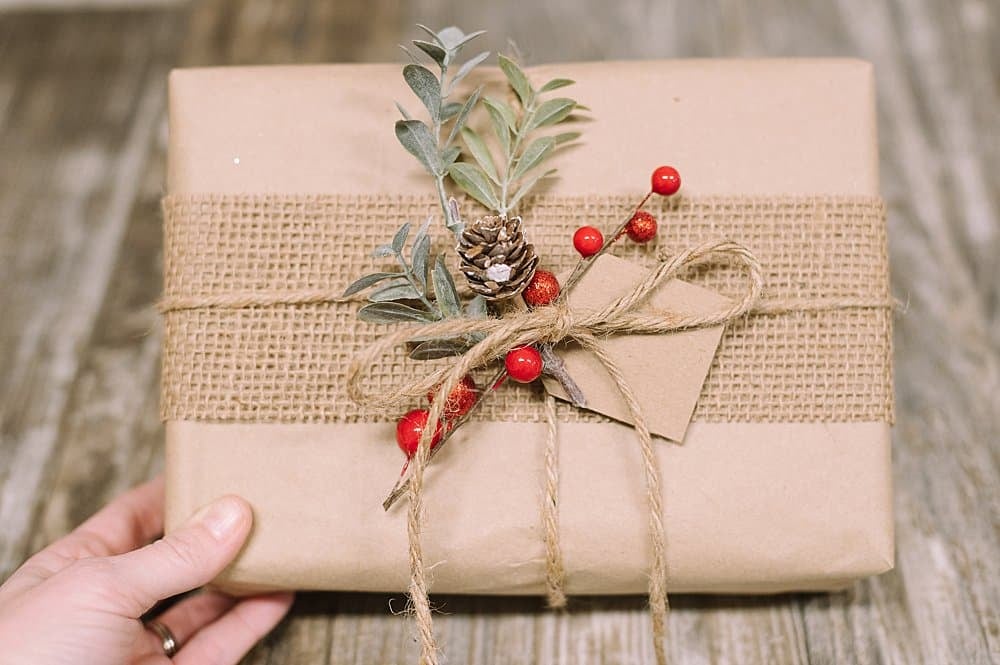 kraft paper gift wrap and recycled cardboard gift tag