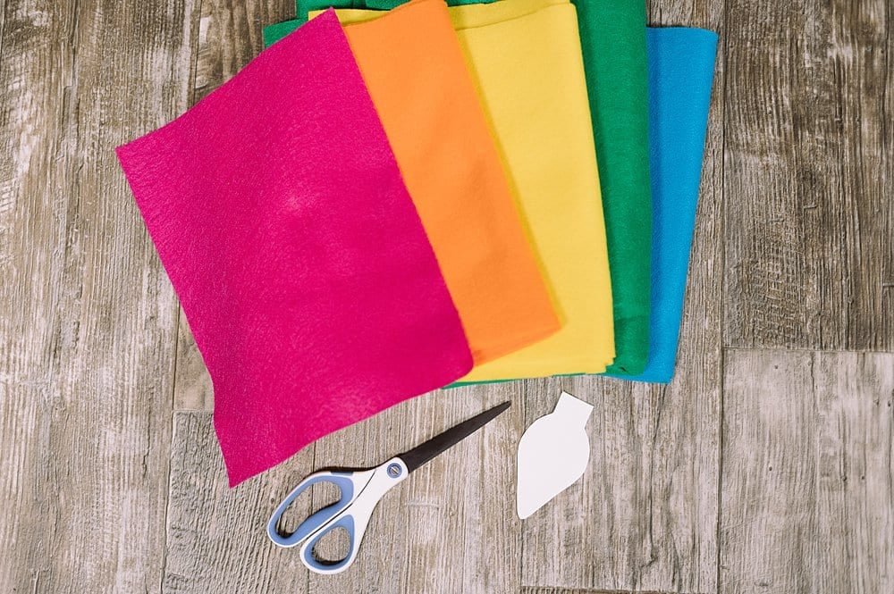 Supplies for a DIY felt lightbulb garland.