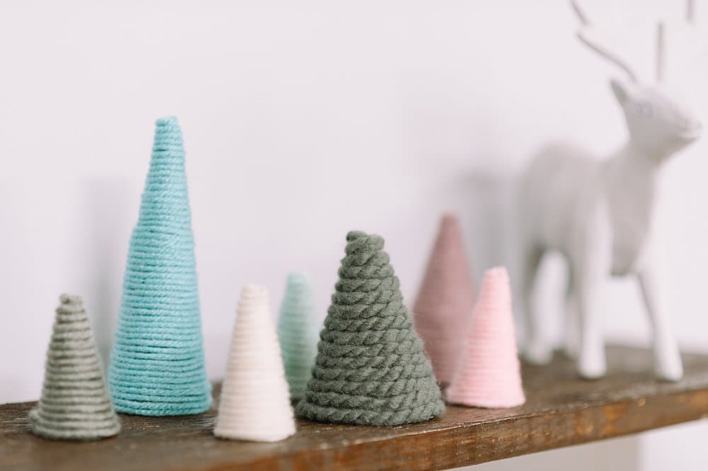 diy christmas trees wrapped in yarn