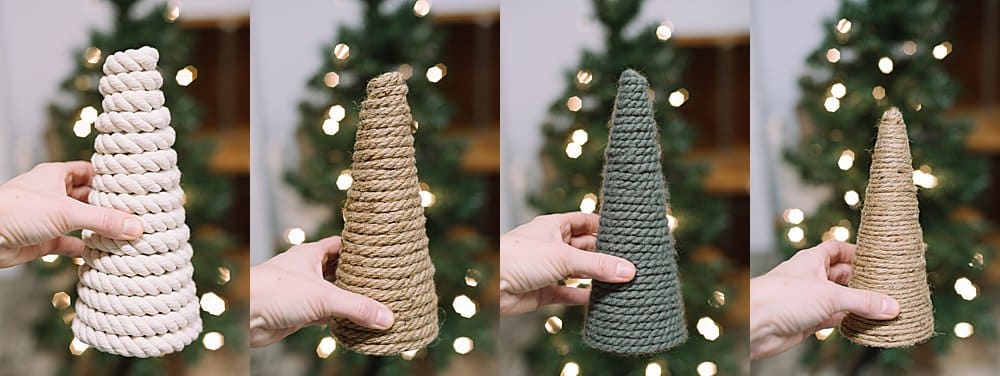 Styrofoam cone Christmas trees. Wrapped in yarn, tinsel garland, wired  ribbon or s…