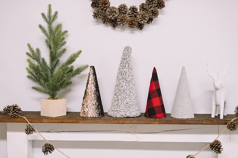 trees for Christmas decor made with paper cones and fabric