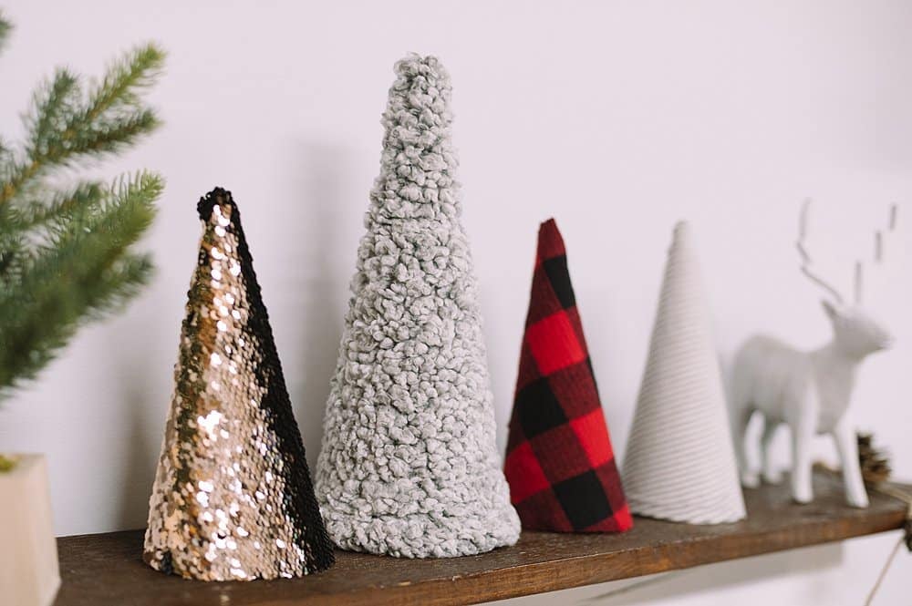 trees for Christmas decor made with paper cones and fabric