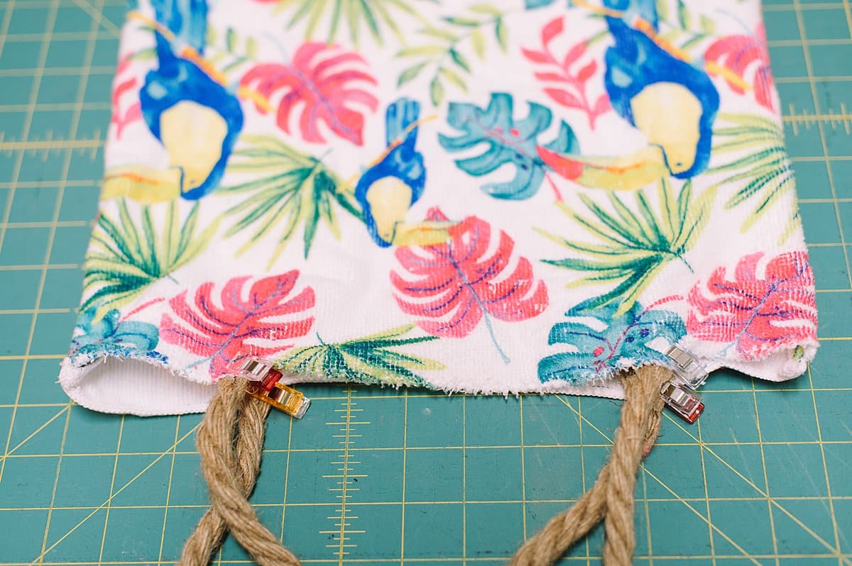 use a tropical hand towel to make a cute summer tote bag