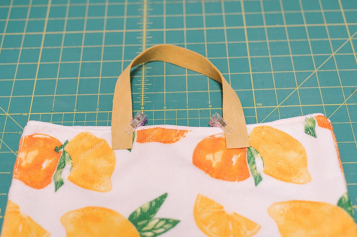 lemon and orange hand towel becomes a cute summer tote bag with leather strap handles