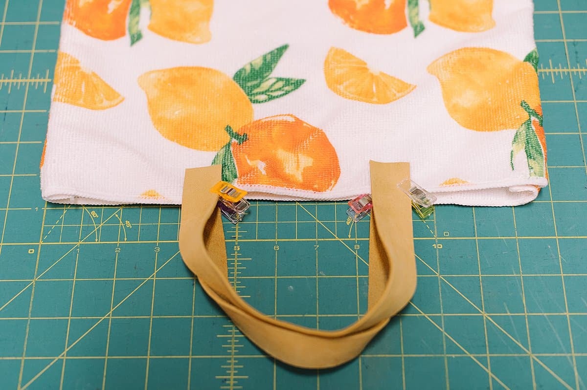 lemon and orange hand towel becomes a cute summer tote bag with leather strap handles