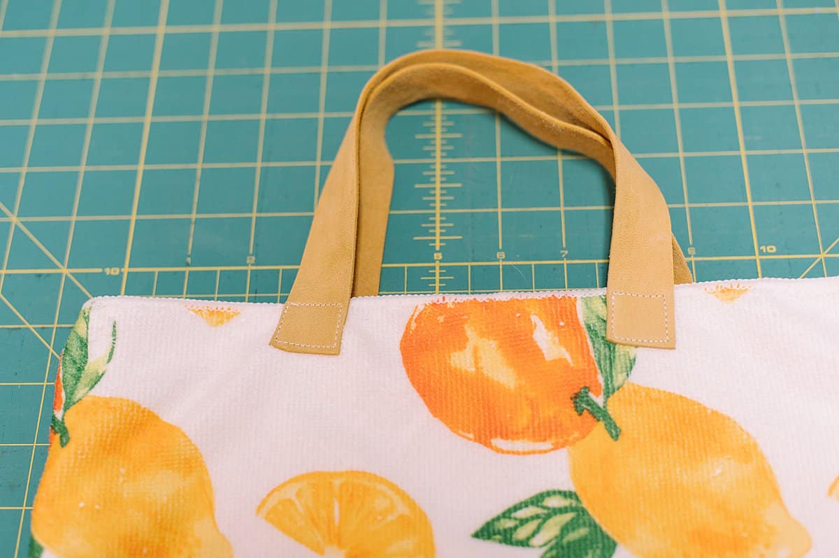 lemon and orange hand towel becomes a cute summer tote bag with leather strap handles