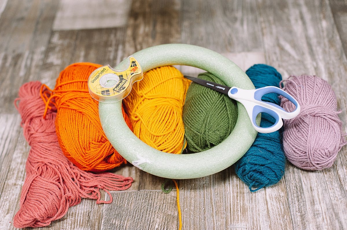 supplies needed for yarn wrapped rainbow wreath