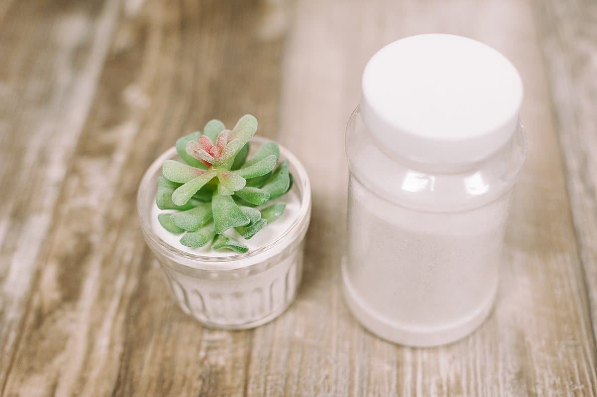 add faux succulent to sand filled jar