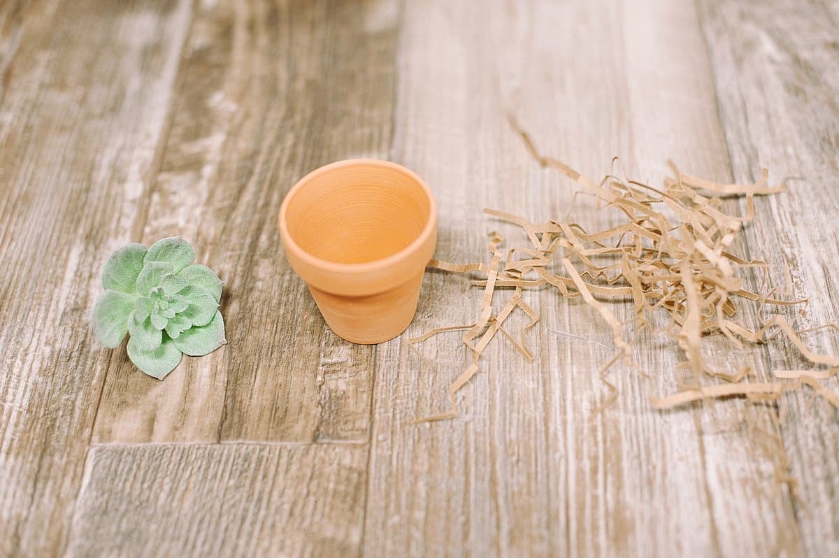 use shredded paper as a filler for mini clay pot and faux succulent