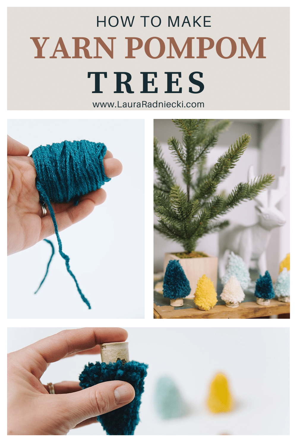 how to make DIY yarn pom pom trees for christmas with yarn, wine corks, and hot glue